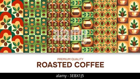 Geröstete Kaffeebohnen und Heißgetränk geometrische nahtlose Muster Set, Vektorhintergründe. Nahtlose Muster von Kaffeebohnen und Getränken mit Kaffeekanne und Espresso-Tasse mit Mosaikfliesen aus Cappuccino-Bechern Stock Vektor
