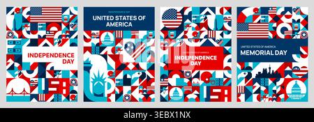 USA Unabhängigkeitsposter und Gedenktag mit geometrischem Muster, Vektorhintergründen. US-amerikanische Flaggen und amerikanische Symbole der Freiheitsstatue in New York und Washington Capitol Stock Vektor