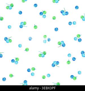 Hand gezeichnetes nahtloses Vektor-Muster mit blauen und grünen Heidelbeeren und zarten Blättern, die auf einem weißen Hintergrund verstreut sind. Frische botanische Illustration i Stock Vektor