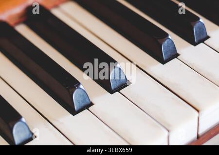 Piano-Tasten in Nahaufnahme, schwarz-weiß, leise beleuchtet. Glatte Oberflächen strahlen unter sanfter Beleuchtung. Tasten in klassischem musikalischem Muster angeordnet. Schwache Referenz Stockfoto