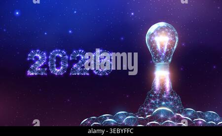 Futuristische Glühlampe, leuchtendes Polygongeflecht. Abstraktes Technologiekonzept, das Innovation, kreative Lösungen und digitale Energie in Neonblau repräsentiert Stock Vektor