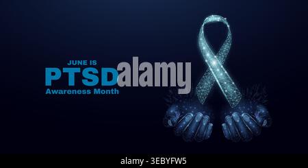 Posttraumatische Belastungsstörung-Awareness-Month-Konzept. PTSD-Bannervorlage mit leuchtendem Poly. Futuristisch-modernes abstraktes. Isoliert im Dunkeln Stock Vektor