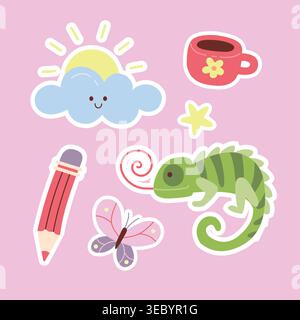 Kawaii Sticker Set mit Chamäleon, Wolke, Bleistift und Becher Stock Vektor