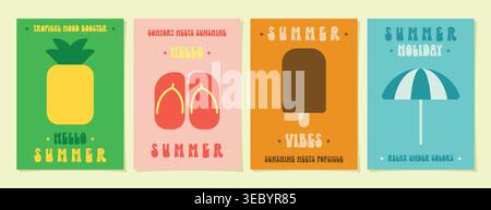 Farbenfrohes und minimalistisches Sommer-Poster-Set mit Ananas, Sandalen, Eis und Regenschirm, perfekt für Wanddekorationen. Stock Vektor