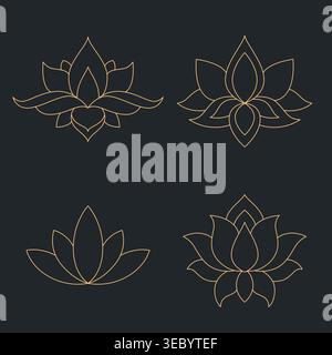 Set mit eleganten Lotusblüten-Kunstdesigns in Goldfarbe auf dunklem Hintergrund. Minimalistische Blumensymbole inspiriert von Yoga-Meditation und spirituellem Balanc Stock Vektor