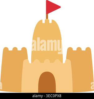 Einfache Illustration einer goldenen Sandburg mit abgerundeten Türmen, einer zentralen Tür und einer roten Flagge auf der Oberseite. Stock Vektor