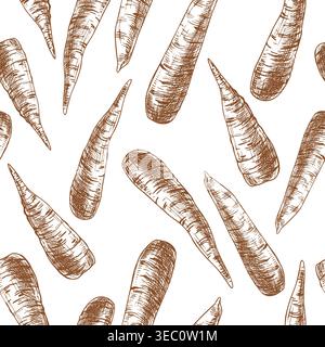 Nahtloses Muster mit handgezeichneten Karotten in Tinte. Botanische Vektor-Illustration von Gemüse für Verpackung, Menüdesign, Ernte Hintergrund Stock Vektor