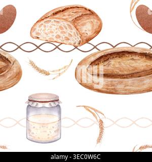 Handgefertigtes Brot, Sauerteigbrot, Weizenohren und nahtloses Aquarellmuster aus dem Vorlagenglas. Handgemalte Bäckerei Illustration im rustikalen Stil, perfekt für Stockfoto
