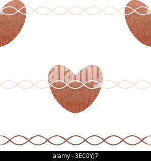 Nahtloses Aquarellmuster mit handgemalten Herzformen in warmen Brottönen und dekorativen Linien. Minimales rustikales Design, inspiriert von Bäckerei Stockfoto