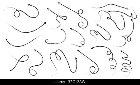 Satz von schwarz strukturierten, handgezeichneten gekrümmten Pfeilen und Grunge Doodle Pointer-Elementen für Anmerkungen Stock Vektor