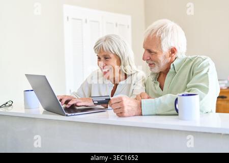 Online-Shopping für Seniorenpaare für Altersvorsorge und finanziellen Schutz Schlüsselkonzepte sind Senior, Altersvorsorge, finanzielle Absicherung, Stockfoto