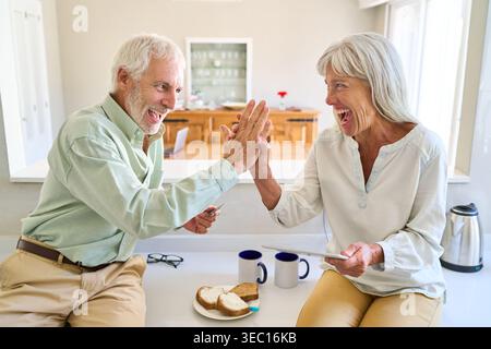 Ein fröhliches Seniorenpaar feiert mit einer hohen fünf in ihrer hellen Küche, die ein gesundes Altern und einen aktiven Ruhestand-Lebensstil widerspiegelt. Stockfoto