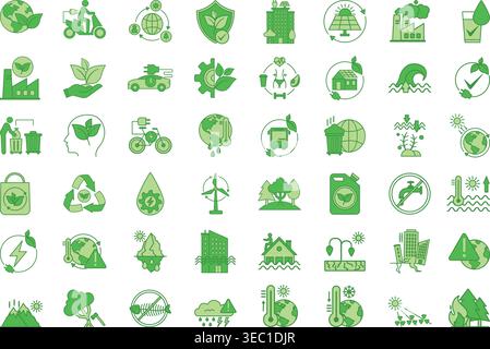 Grüne Symbolgruppe „Ökologie und Klimawandel“. Vektorsymbole für Umwelttechnologie, Umweltschutz, Industrieökologie, Naturschutz und vieles mehr Stock Vektor