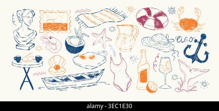 Handgezeichneter Zeichenstift Küstenelemente. Mediterrane Urlaub Holzkohle Kritzelikonen. Strandhut mit Kreidestift, tropische Früchte, Meeresleben, Sommerpostkarte, ästhetische griechische Skulpturen Stock Vektor