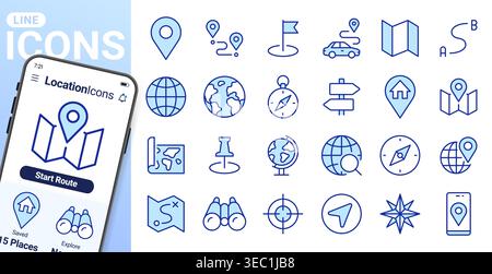 Symbolgruppe für Positionslinien. Kompass, Reise, Globus, Karte, Geografie, Abbildung des minimalen Vektors Erde, Entfernung, Nähe. Einfaches Umrisszeichen für Stock Vektor