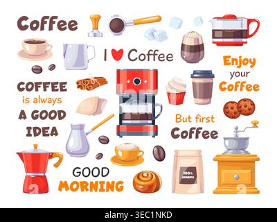 Kaffeeelemente und lustige Zitate. Zeichentrickobjekte, heiße Getränke am Morgen, Mühlen, Macher, Tassen, Cappuccino und Espresso, Café Barista süße Aufkleber Stock Vektor