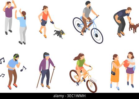 Isometrische Personenzeichen. Isolierte Frauen und Männer unterschiedliche Aktivitäten. Musik hören und tanzen, essen, gehen, mit Hund laufen, Radfahren, Vektor Stock Vektor