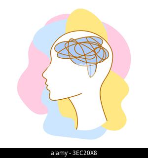 Illustration der psychischen Gesundheit. Verwirrung im Kopf. Weiblicher Charakter mit psychischen Problemen. Stock Vektor