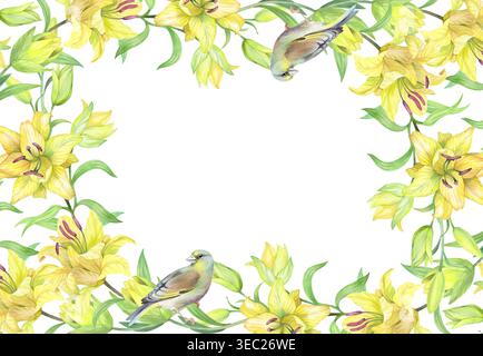 Rahmen der Lilien und Vögel. Handgemachte Aquarellillustration. Für Verpackungsdesign, Karten, Cover, Ausdrucke, Produktetiketten und Stoff. Stockfoto