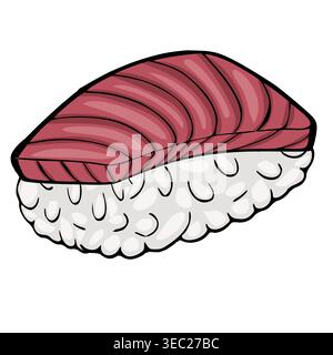 Isolierte Vektor-Illustration eines einzelnen Stücks von lebendigem rotem Thunfisch-Nigiri-Sushi auf weißem Reis, mit einer kräftigen schwarzen Umrandung. Stock Vektor