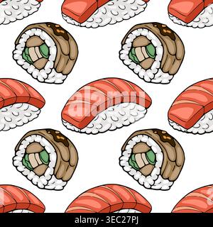 Nahtloses Vektormuster von köstlichen japanischen Sushi-Brötchen und Nigiri mit Lachs und Aal Stock Vektor