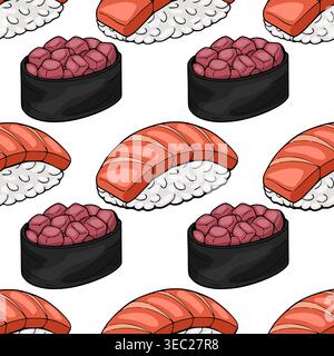 Nahtloses japanisches Lebensmittel-Vektor-Muster mit Lachs- und Thunfisch-Sushi-Rollen Stock Vektor