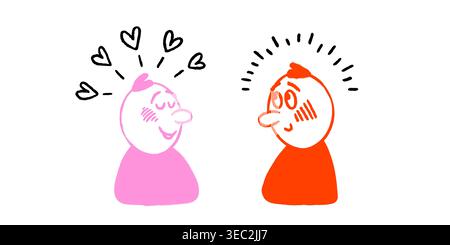 Liebes- und Schüchternfiguren mit einfachen Gesichtern und handgezeichneten Kritzellinien, die eine sanfte emotionale Interaktion in hellen Farben zeigen. Liebe und Stock Vektor