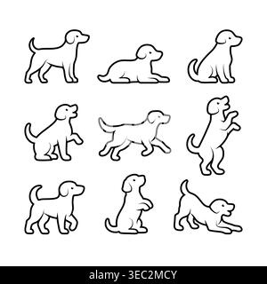 Hund posiert Symbolgruppe, Verhaltenssammlung im minimalen Konturvektorstil. Stock Vektor
