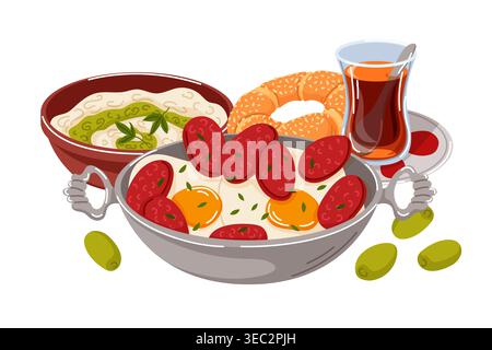 Köstliches türkisches Frühstück mit Bratwurst, Käsedip, Simit, schwarzem Tee und Oliven. Illustration der traditionellen Küche im Cartoon-Stil für das Menü Stock Vektor