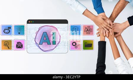 Zusammenarbeit bei der Entwicklung künstlicher Intelligenz mit verschiedenen Händen, die ein zentralisiertes KI-Symbol und verwandte Icons Sigmoid unterstützen Stockfoto