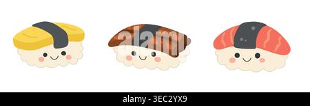 Food Sushi Cartoon mit Illustration Vektor Symbol für japan Design Reis. Restaurant Fish japanese mit Speisen isoliert für gesunde Meeresfrüchte Küche Stock Vektor