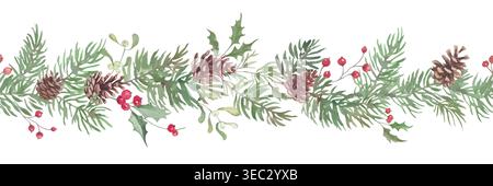 Aquarell Weihnachten nahtlose Grenze mit Tannenzweigen, Tannenzapfen, roten Beeren, stechpalme. Botanischer Wiederholungsrahmen für Vektorfeiertage isoliert auf weiß. Stock Vektor