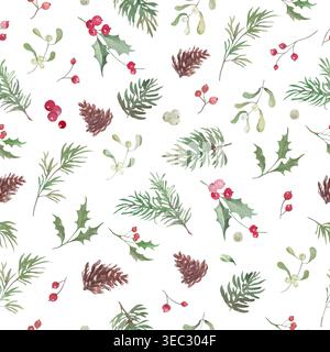 Nahtloses Muster mit Weihnachtsaquarell mit stechpalmenbeeren, Tannenzapfen, Mistel. Handgezeichneter botanischer Wiederholungsdruck auf weiß. Vektor-EPS Stock Vektor