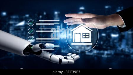 Eine futuristische Darstellung, die die Zusammenarbeit zwischen einer menschlichen Hand und einem Roboterarm in Immobilien zeigt, mit einem digitalen Haus und einem Stockfoto