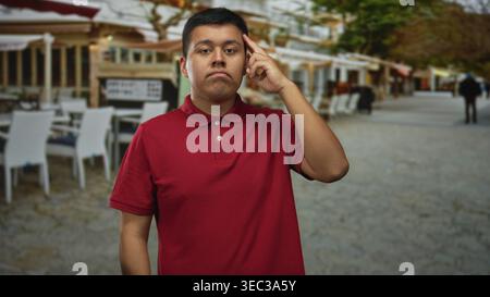 Junger hispanischer Mann im roten Polo mit dem Finger zum Tempel auf der Terrassenstraße des Restaurants im Freien; nachdenkliche Betrachtung. Stockfoto