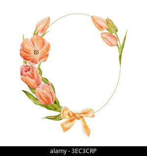 Ein Rahmen aus orangefarbenen Tulpen, mit Aquarell bemalt. Handgezeichnete Abbildung Stockfoto