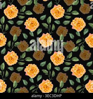 Nahtloses Aquarellmuster mit orangen Rosen auf schwarzem Hintergrund. Auffälliges, elegantes Blumendesign mit hohem Kontrast, perfekt für Mode und Mode Stockfoto