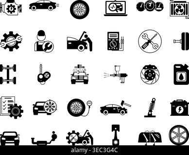Schwarze Autowartungssymbole Eingestellt. Vektorsymbole für Auto, Motor, Rad, Waschanlage, elektrische Wartung, Karosseriereparatur, Wartung, Scheibenwischer und mehr Stock Vektor