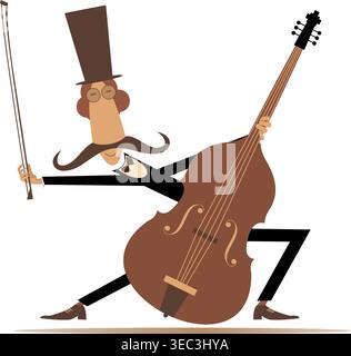 Cartoon langer Schnurrbart Cellist im Tophut. Lächelnder Schnurrbart im Hut mit Cello und Fiddlestick. Auf weißem Hintergrund Stock Vektor