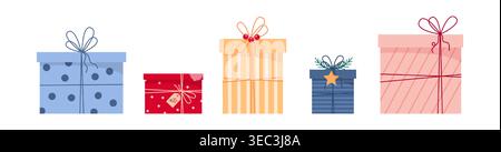 Weihnachtsgeschenkboxen Set, festliche Geschenkkollektion im flachen Vektor-Stil. Stock Vektor