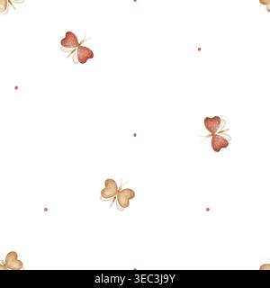 Muster Schmetterlinge rot beige fliegende Polka Dots. Aquarellbilder im Kinderstil. Nahtloser Frühlings- und Sommerdruck, handgezeichnet, isoliert Stockfoto