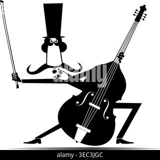 Cartoon langer Schnurrbart Cellist im Tophut. Lächelnder Schnurrbart im Hut mit Cello und Fiddlestick. Schwarzweiß-Illustration Stock Vektor