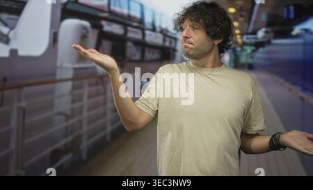 Hispanischer Mann mit den Handflächen in den Achseln und geöffneter Handgeste vor dem Hintergrund des Kreuzfahrtkorridors im Studio-Set, mit einem lässigen T-Shirt und Armbändern; bemusem Stockfoto