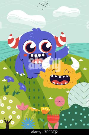 Verspielte Monster auf der Wiese. Vektorabbildung Stock Vektor