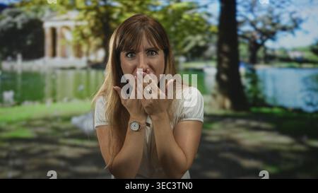 Frau mit Händen über dem Mund, die das Gesicht im Wald bedeckt, mit weißem Hemd und Armbanduhr; Überraschung Neugier. Stockfoto