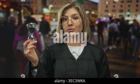 Junge blonde Richterin in schwarzem Gewand, die Glasduhr auf Augenhöhe auf der belebten Stadtstraße hält; Reflexionszeit. Stockfoto
