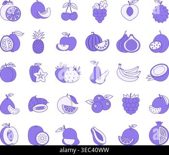 Farbfrucht-Symbolsatz. Vektorsymbole von Apfel, Birne, Kiwi, Wassermelone, Orange, Pfirsich, Aprikose, Passionsfrucht, Ananas, Erdbeere, Pomelo und mehr Stock Vektor