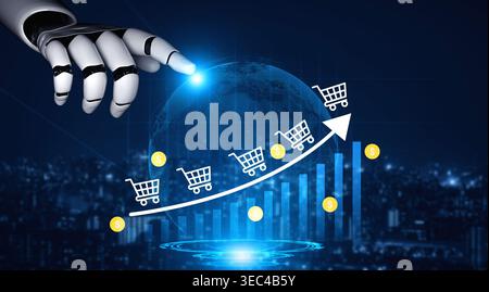 Eine Roboterhand interagiert mit einem digitalen Diagramm, das Einkaufswagen und Dollarzeichen anzeigt und das Wachstum des E-Commerce und Markttrends in einer modernen Form symbolisiert Stockfoto