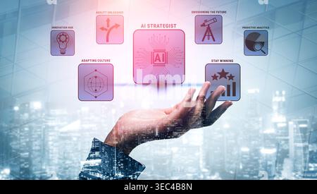 Futuristisches Konzept der KI-Strategie mit innovativen Ideen und Technologieintegration für Geschäftswachstum und Anpassung Quark. Stockfoto