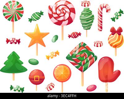 Cartoon weihnachtsbonbons. Weihnachtslutscher, Süßigkeiten in der Verpackung. Gestreifte Süßigkeiten für Kinder, Zuckerkaramell als Geschenke. Neujahrsdesserts heute Stock Vektor
